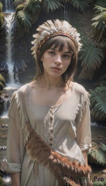 1girl,solo,looking at viewer,bangs,brown hair,hair ornament,long sleeves,dress,brown eyes,standing,collarbone,upper body,hairband,outdoors,parted lips,day,water,white dress,blurry,tree,lips,see-through,blurry background,watermark,feathers,plant,nature,freckles,realistic,nose,arms at sides,headdress,waterfall,short hair