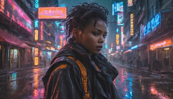 solo, looking at viewer, short hair, black hair, 1boy, jacket, upper body, male focus, outdoors, dark skin, dark-skinned female, black jacket, night, freckles, rain, city, sign, realistic, road, very dark skin, cyberpunk, neon lights