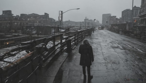 1girl,solo,short hair,black hair,long sleeves,standing,monochrome,greyscale,outdoors,sky,from behind,coat,ground vehicle,building,scenery,motor vehicle,snow,snowing,city,facing away,car,road,wide shot,bridge,lamppost,street,grey sky,grey theme,jacket,grey hair,pantyhose,black pantyhose,black coat,winter,power lines,utility pole,overcast