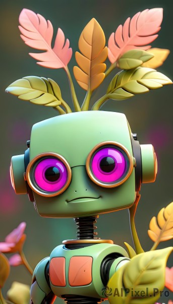 solo,looking at viewer,smile,purple eyes,upper body,flower,pink eyes,blurry,no humans,leaf,plant,robot,mecha,pink flower,green background,straight-on,humanoid robot,non-humanoid robot,1boy,male focus,artist name,signature,depth of field,blurry background