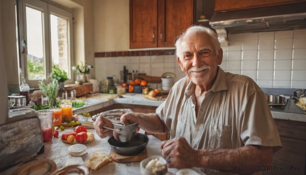 solo,looking at viewer,smile,shirt,1boy,holding,white shirt,upper body,white hair,short sleeves,grey hair,male focus,food,day,collared shirt,indoors,grin,cup,window,fruit,facial hair,scar,table,bottle,knife,plant,beard,plate,realistic,spoon,mustache,fork,apple,basket,holding knife,potted plant,bread,old,old man,kitchen,jar,arm hair,sink,wrinkled skin,cutting board,one eye closed,striped,blurry,dress shirt,striped shirt,carrot,bald,egg,cooking,tomato,vegetable,potato,onion