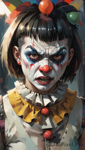 1girl,solo,breasts,looking at viewer,short hair,open mouth,bangs,black hair,red eyes,cleavage,brown eyes,jewelry,upper body,earrings,frills,teeth,shiny,blunt bangs,collar,lips,blood,makeup,detached collar,colored skin,facial mark,bob cut,lipstick,pale skin,portrait,angry,nose,red lips,facepaint,mascara,neck ruff,clown,hair ornament,food,eyelashes,fruit,clenched teeth,eyeshadow,food-themed hair ornament,object on head,food on head,black lips