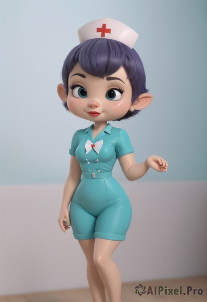 1girl,solo,breasts,looking at viewer,smile,short hair,blue eyes,black hair,hat,jewelry,closed mouth,standing,purple hair,short sleeves,earrings,small breasts,pointy ears,aqua eyes,lips,makeup,buttons,lipstick,child,freckles,nurse cap,red lips,female child,nurse,red cross,blush,bangs,simple background,shirt,medium breasts,full body,shorts,shiny,collared shirt,artist name,hand up,blurry,eyelashes,blurry background,watermark,cross,blue shirt,web address,eyeshadow,blue shorts,legs together,wooden floor,pink lips,green shirt,aqua shirt,short jumpsuit