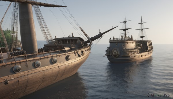 weapon,outdoors,multiple boys,sky,day,water,tree,military,no humans,ocean,scenery,turret,cannon,military vehicle,anchor,flag,watercraft,vehicle focus,ship,boat,smokestack,world war ii,warship,mast,reflection,radio antenna