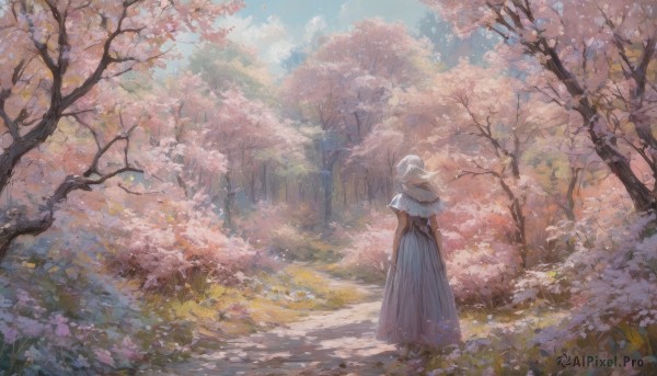 1girl,solo,long hair,skirt,blonde hair,brown hair,dress,standing,flower,white hair,outdoors,sky,day,from behind,white dress,tree,blue sky,petals,capelet,sunlight,grass,cherry blossoms,wind,nature,scenery,pink flower,forest,long dress,facing away,road,white capelet,wide shot,path,spring (season),short hair,cloud,blue dress