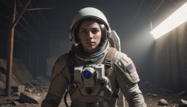 1girl,solo,looking at viewer,brown hair,black hair,brown eyes,upper body,indoors,armor,lips,helmet,science fiction,realistic,american flag,debris,spacesuit,astronaut,closed mouth,blurry,serious,ruins,space helmet