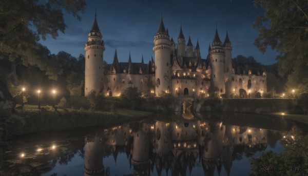 outdoors,sky,cloud,water,tree,no humans,night,building,star (sky),night sky,scenery,starry sky,reflection,lantern,fantasy,watercraft,bridge,lamppost,river,castle,tower,boat,arch,nature,forest,lake,reflective water