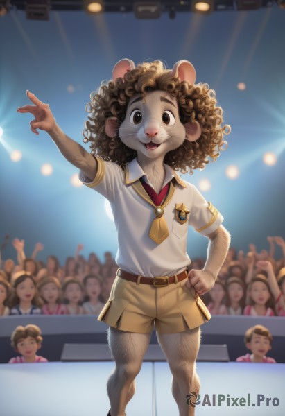 solo,looking at viewer,smile,open mouth,brown hair,shirt,1boy,animal ears,brown eyes,school uniform,standing,full body,white shirt,short sleeves,male focus,necktie,shoes,shorts,solo focus,collared shirt,belt,black footwear,arm up,hand on hip,:3,blurry background,pointing,furry,curly hair,mouse ears,furry female,furry male,badge,crowd,whiskers,stage,leg hair,spotlight,stage lights,afro,buck teeth,furrification,teeth,artist name,hand up,blurry,neckerchief,short shorts,feet out of frame,watermark,sunlight,thick eyebrows,outstretched arm,backlighting,freckles,brown belt,yellow neckerchief,dancing,yellow necktie,brown shorts,animal nose,brown fur,what,arm hair,people,cheering,wrestling ring,audience