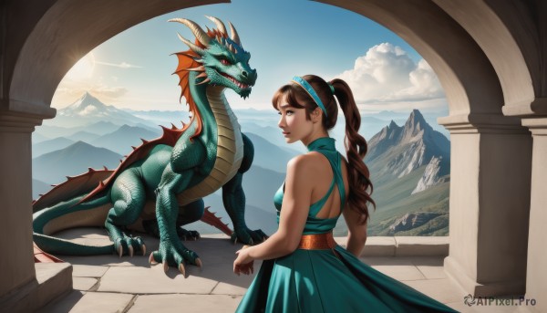 1girl,solo,long hair,breasts,looking at viewer,brown hair,red eyes,dress,bare shoulders,brown eyes,medium breasts,ponytail,hairband,outdoors,horns,sky,sleeveless,day,looking back,cloud,blue sky,lips,profile,sleeveless dress,blue dress,claws,green dress,mountain,dragon,sun,blue hairband,pillar,aqua dress,tail,parted lips,teeth,looking at another,cloudy sky