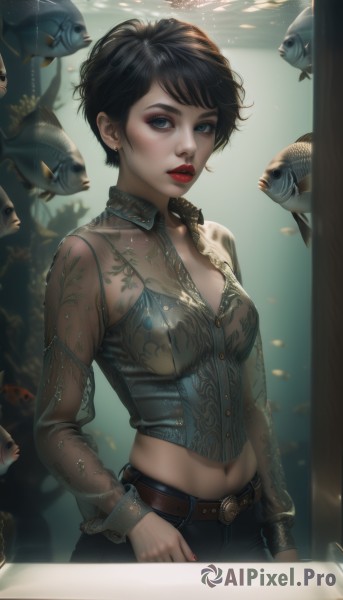 1girl,solo,breasts,looking at viewer,short hair,bangs,blue eyes,shirt,black hair,long sleeves,navel,cleavage,jewelry,medium breasts,standing,cowboy shot,earrings,parted lips,midriff,belt,pants,artist name,water,nail polish,mole,lips,crop top,fingernails,see-through,eyelashes,makeup,buttons,animal,black pants,sunlight,lipstick,red nails,buckle,eyeshadow,fish,bubble,light rays,belt buckle,underwater,realistic,nose,red lips,stud earrings,brown belt,eyeliner,air bubble,mascara,aquarium,collarbone,teeth,necklace,stomach,collar,tattoo,swept bangs,denim,corset,cropped jacket,jeans,very short hair,leather