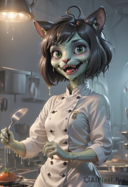 1girl,solo,looking at viewer,smile,short hair,open mouth,bangs,brown hair,black hair,holding,animal ears,green eyes,standing,tail,upper body,ahoge,:d,food,teeth,tongue,artist name,indoors,cat ears,signature,blurry,wet,buttons,blurry background,colored skin,fangs,watermark,sharp teeth,messy hair,furry,spoon,furry female,fork,green skin,holding spoon,slime (substance),kitchen,chef,breasts,long sleeves,jewelry,cowboy shot,earrings,small breasts,apron,lips,saliva,makeup,piercing,monster girl,ear piercing,plate,food on face,double-breasted,animal nose,chef hat,messy