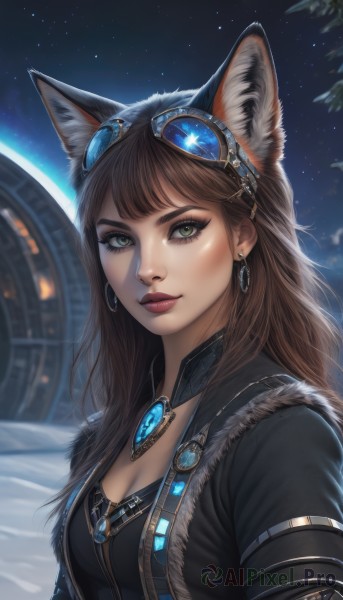 1girl,solo,long hair,breasts,looking at viewer,smile,bangs,brown hair,animal ears,cleavage,jewelry,medium breasts,closed mouth,green eyes,jacket,upper body,earrings,open clothes,sky,artist name,cat ears,necklace,blurry,lips,fur trim,eyelashes,makeup,night,lipstick,goggles,gem,star (sky),eyeshadow,starry sky,goggles on head,nose,red lips,eyeliner,space,outdoors,signature,wolf ears,thick eyebrows,night sky,pendant,realistic,mascara