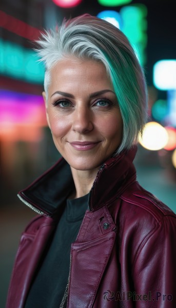 1girl,solo,looking at viewer,smile,short hair,shirt,closed mouth,green eyes,jacket,upper body,white hair,grey hair,multicolored hair,open clothes,blurry,two-tone hair,open jacket,lips,black shirt,depth of field,blurry background,red jacket,freckles,realistic,nose,leather,old,leather jacket,old woman,blue eyes,makeup,zipper,bokeh,cyberpunk,neon lights