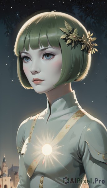 1girl,solo,short hair,bangs,blue eyes,hair ornament,long sleeves,green eyes,upper body,flower,outdoors,parted lips,green hair,sky,artist name,hair flower,blunt bangs,lips,eyelashes,makeup,night,moon,bob cut,building,pale skin,star (sky),night sky,starry sky,castle,looking at viewer,blush,pink lips,nose