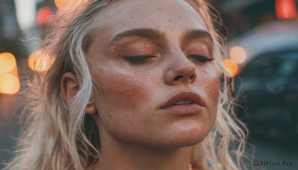 1girl,solo,long hair,closed eyes,white hair,parted lips,teeth,blurry,lips,depth of field,blurry background,ground vehicle,portrait,facing viewer,motor vehicle,close-up,freckles,realistic,nose,car,blonde hair,eyelashes,thick eyebrows,bokeh