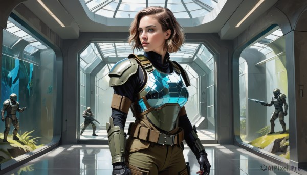 1girl,breasts,short hair,blue eyes,brown hair,gloves,holding,brown eyes,medium breasts,standing,weapon,multiple boys,solo focus,belt,sword,indoors,holding weapon,armor,lips,gun,looking to the side,window,bodysuit,helmet,holding gun,walking,science fiction,pouch,breastplate,realistic,nose,power armor,hallway,signature,3boys,rifle,soldier