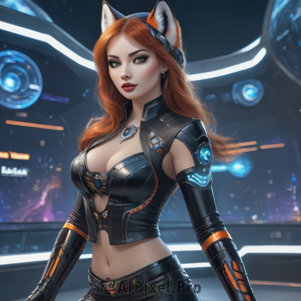 1girl,solo,long hair,breasts,looking at viewer,large breasts,brown hair,gloves,navel,animal ears,cleavage,brown eyes,jewelry,medium breasts,green eyes,cowboy shot,earrings,parted lips,elbow gloves,midriff,pants,artist name,cat ears,necklace,orange hair,mole,blurry,lips,fox ears,clothing cutout,mole under eye,makeup,blurry background,fake animal ears,black pants,lipstick,freckles,science fiction,red lips,smile,closed mouth,red hair,detached sleeves,shorts,parted bangs,headgear,realistic,cyberpunk