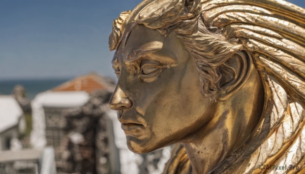 solo,1boy,closed mouth,closed eyes,male focus,outdoors,sky,day,dark skin,blurry,from side,profile,depth of field,blurry background,dark-skinned male,building,portrait,realistic,statue,wings,blue sky,ocean,close-up,gold,gold armor