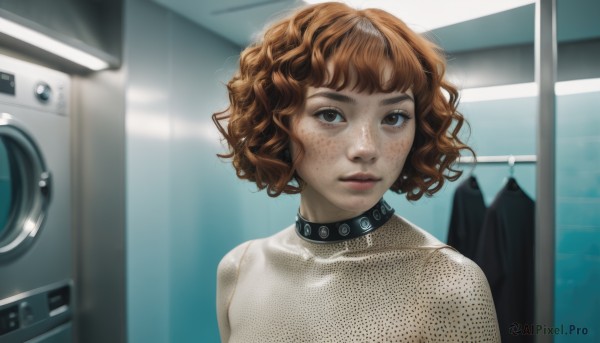 1girl,solo,looking at viewer,short hair,bangs,brown hair,brown eyes,closed mouth,upper body,indoors,collar,lips,bodysuit,wavy hair,fishnets,spikes,freckles,curly hair,realistic,spiked collar,washing machine,shirt,collarbone,parted lips,choker,blurry,eyelashes,makeup,portrait,reflection