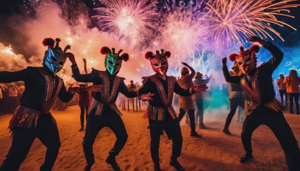 outdoors,multiple boys,sky,pants,cloud,mask,night,glowing,formal,suit,star (sky),night sky,glowing eyes,6+boys,dancing,fireworks,tokusatsu,multiple girls,shirt,long sleeves,standing,jacket,male focus,red hair,striped,arm up,black pants,pointing,festival,aerial fireworks,cheering