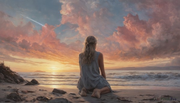 1girl,solo,long hair,brown hair,dress,bare shoulders,sitting,outdoors,sky,barefoot,sleeveless,cloud,water,from behind,white dress,feet,bare arms,sleeveless dress,blue dress,ocean,wariza,beach,soles,cloudy sky,scenery,sunset,rock,sand,horizon,facing away,on ground,dirty,waves,contrail,dirty feet,blonde hair,sunlight,sun,twilight,shore,shooting star