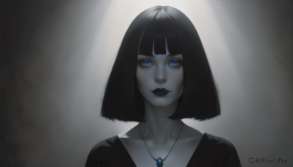 1girl,solo,looking at viewer,short hair,bangs,blue eyes,shirt,black hair,jewelry,closed mouth,collarbone,monochrome,upper body,greyscale,blunt bangs,grey background,necklace,lips,eyelashes,makeup,bob cut,lipstick,gem,portrait,pendant,spot color,nose,black lips,black shirt,web address,realistic,red lips