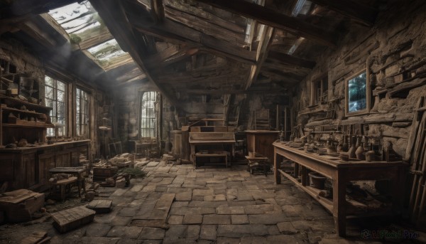 day,indoors,book,no humans,window,bird,chair,table,sunlight,bottle,scenery,smoke,light rays,wooden floor,stairs,bookshelf,sunbeam,ruins,shelf,barrel,crate,wooden chair,plant,desk,fantasy