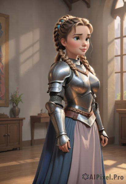 1girl,solo,long hair,breasts,blush,smile,blue eyes,skirt,blonde hair,brown hair,hair ornament,dress,medium breasts,closed mouth,green eyes,standing,braid,flower,day,belt,artist name,indoors,signature,armor,twin braids,lips,window,blue dress,watermark,looking away,sunlight,plant,shoulder armor,gauntlets,hair over shoulder,web address,freckles,pauldrons,breastplate,wooden floor,nose,arms at sides,armored dress,potted plant,brown belt,faulds,painting (object),chainmail,plate armor,boobplate,table,thick eyebrows,realistic,bracer,vase,flower pot