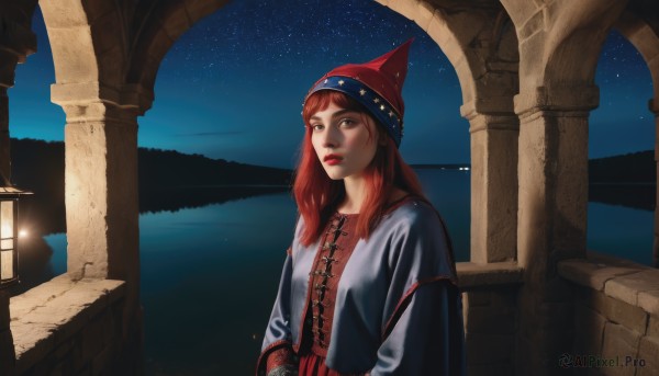 1girl,solo,long hair,brown hair,long sleeves,hat,brown eyes,upper body,red hair,outdoors,sky,water,lips,makeup,night,looking up,lipstick,star (sky),night sky,scenery,starry sky,lantern,red lips,looking afar,pillar,arch,column,looking at viewer,parted lips,freckles,fantasy