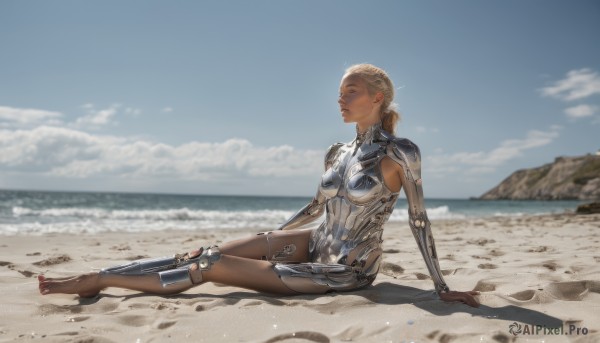 1girl, solo, long hair, breasts, blonde hair, sitting, full body, closed eyes, ponytail, small breasts, outdoors, parted lips, sky, barefoot, day, cloud, dark skin, blurry, dark-skinned female, blue sky, lips, blurry background, ocean, arm support, beach, science fiction, realistic, nose, sand, android