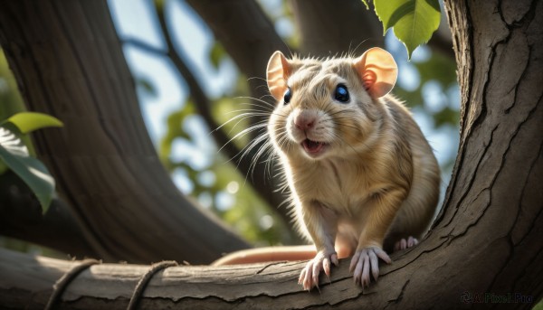 HQ,solo,looking at viewer,open mouth,blue eyes,sitting,outdoors,day,blurry,tree,no humans,window,depth of field,blurry background,animal,leaf,fangs,sunlight,cat,plant,nature,claws,realistic,branch,animal focus,whiskers,pokemon (creature),forest,vines,mouse