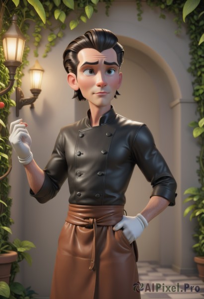 solo,looking at viewer,short hair,black hair,gloves,1boy,brown eyes,closed mouth,standing,male focus,indoors,white gloves,black eyes,apron,hand on hip,buttons,plant,waist apron,hand in pocket,lantern,checkered floor,outdoors,artist name,hand up,watermark,thick eyebrows,lamppost,hair slicked back