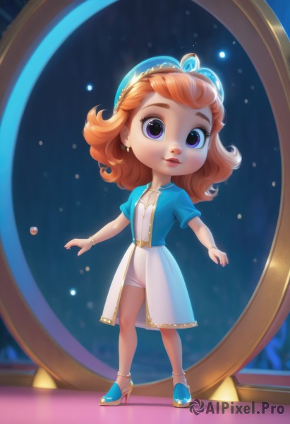 1girl,solo,long hair,looking at viewer,smile,blue eyes,dress,jewelry,closed mouth,standing,purple eyes,full body,ahoge,short sleeves,earrings,belt,artist name,medium hair,necklace,chibi,white dress,orange hair,high heels,bracelet,lips,blue dress,child,curly hair,blue footwear,short hair,hair ornament,red hair,shorts,alternate costume,tiara,freckles,bangle