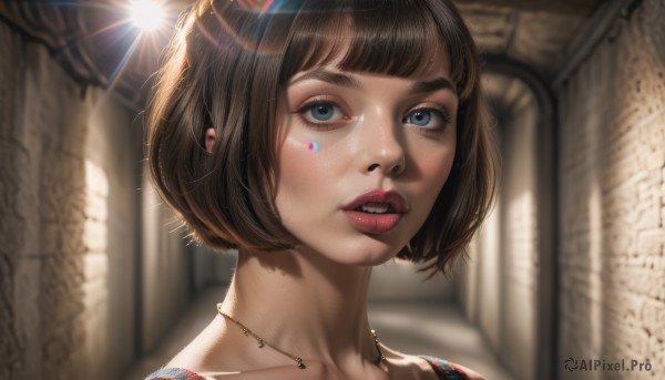 1girl,solo,looking at viewer,short hair,open mouth,bangs,blue eyes,brown hair,jewelry,collarbone,hairband,parted lips,teeth,shiny,indoors,blunt bangs,necklace,blurry,lips,eyelashes,makeup,sunlight,bob cut,lipstick,portrait,lens flare,freckles,light rays,realistic,nose,red lips,depth of field,blurry background,facial mark,close-up,facepaint