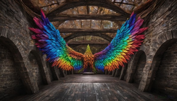 outdoors,wings,day,indoors,no humans,window,sunlight,scenery,feathered wings,stairs,fantasy,pillar,colorful,stained glass,arch,spread wings,dutch angle,feathers,multicolored clothes,crystal,tiles,wall,architecture,tile floor,ruins,brick wall,rainbow,hallway,multicolored wings,rainbow order,stone floor,stone wall,brick floor