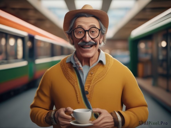 solo,looking at viewer,smile,open mouth,shirt,long sleeves,1boy,hat,holding,brown eyes,white shirt,upper body,grey hair,male focus,necktie,glasses,teeth,collared shirt,indoors,blurry,sweater,cup,blurry background,facial hair,cardigan,holding cup,beard,teacup,black-framed eyewear,realistic,round eyewear,mustache,brown headwear,tea,old,saucer,old man,wrinkled skin,blue eyes,standing,jacket,:d,artist name,lips,buttons,depth of field,watermark,web address,brown jacket,nose,cafe,holding saucer