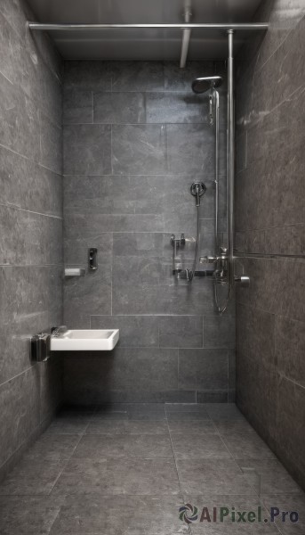 monochrome,greyscale,indoors,water,no humans,scenery,door,tiles,tile floor,bathroom,bathtub,tile wall,shower head,sink,faucet,reflection,mirror,showering,shower (place),soap bottle