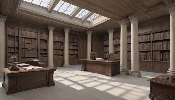 day,indoors,book,no humans,window,shadow,chair,table,sunlight,curtains,scenery,desk,light rays,paper,bookshelf,lamp,pillar,book stack,library,ladder,quill,candlestand,column