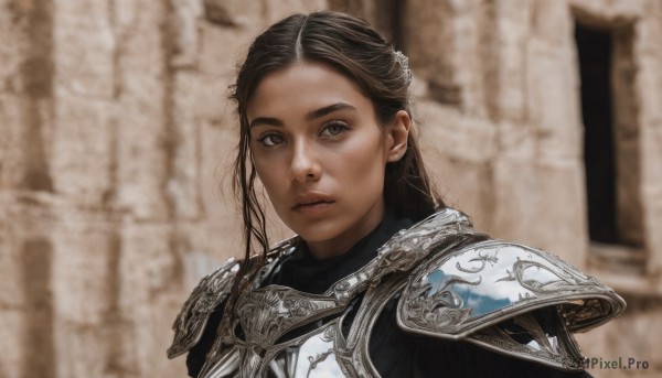 1girl,solo,long hair,looking at viewer,brown hair,black hair,brown eyes,closed mouth,upper body,parted lips,armor,blurry,black eyes,lips,grey eyes,dutch angle,blurry background,shoulder armor,portrait,freckles,pauldrons,breastplate,realistic,hair ornament