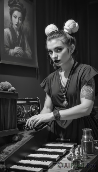 1girl,solo,looking at viewer,hair ornament,dress,jewelry,closed mouth,monochrome,short sleeves,greyscale,earrings,artist name,indoors,necklace,hair bun,bracelet,lips,double bun,tattoo,own hands together,instrument,realistic,nose,music,arm tattoo,shoulder tattoo,playing instrument,piano,phonograph,food,makeup,fruit,single hair bun,ring,lipstick,beads,coin