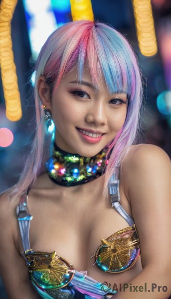 1girl,solo,long hair,breasts,looking at viewer,smile,bangs,cleavage,bare shoulders,jewelry,medium breasts,blue hair,upper body,pink hair,multicolored hair,earrings,small breasts,teeth,choker,grin,blurry,black eyes,two-tone hair,lips,makeup,blurry background,freckles,realistic,blue eyes,bra,collar,lipstick,eyeshadow