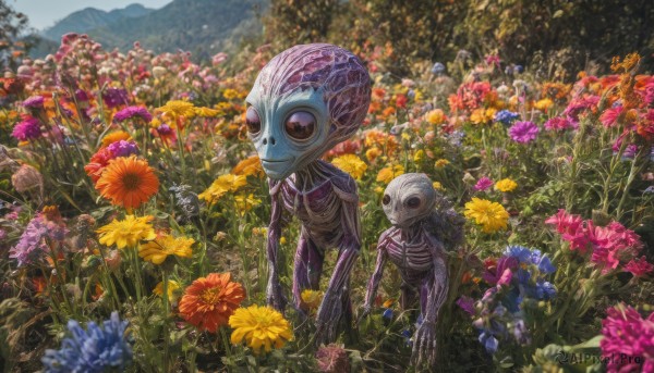 flower, outdoors, day, no humans, nature, scenery, monster, yellow flower, purple flower, field, flower field, alien