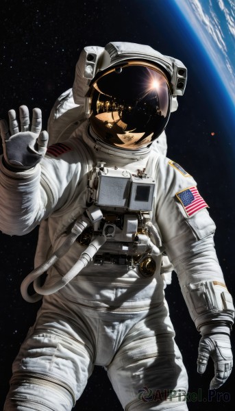 solo,gloves,1boy,male focus,helmet,star (sky),1other,reflection,science fiction,realistic,space,planet,earth (planet),american flag,spacesuit,japanese flag,space helmet,astronaut,moon,flag print,united states