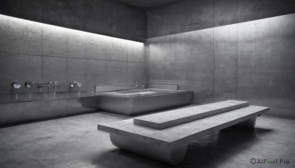 monochrome,greyscale,indoors,no humans,table,scenery,tiles,tile floor,bathroom,stool,bathtub,tile wall,sink,faucet,water,shadow,mirror