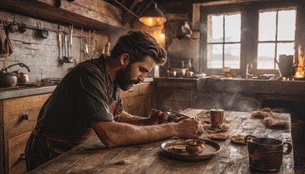 solo,short hair,brown hair,shirt,black hair,1boy,holding,closed mouth,short sleeves,male focus,food,day,indoors,apron,from side,cup,window,profile,facial hair,table,fire,knife,steam,beard,plate,sleeves rolled up,smoke,wooden floor,mug,spoon,mustache,fork,coffee,cooking,ladle,kitchen,arm hair,wooden table,stove,fireplace,jewelry,sitting,necklace,black shirt,realistic,lamp,manly,counter,brown apron