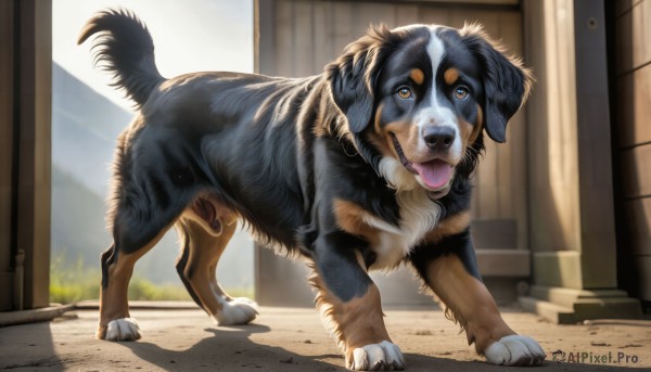 HQ,solo,open mouth,brown eyes,standing,full body,outdoors,day,tongue,indoors,tongue out,blurry,no humans,shadow,animal,dog,realistic,animal focus,looking at viewer,signature,sunlight,claws,puppy