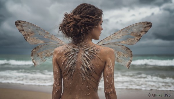 1girl, solo, brown hair, upper body, nude, outdoors, wings, sky, day, cloud, water, from behind, blurry, wet, depth of field, blurry background, ocean, back, beach, cloudy sky, realistic, fairy wings, facing away, waves, insect wings, back focus