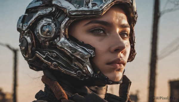 1girl,solo,brown hair,brown eyes,closed mouth,outdoors,sky,blurry,lips,dutch angle,depth of field,blurry background,helmet,building,portrait,science fiction,realistic,nose,power lines,utility pole,looking at viewer,short hair,black hair,eyelashes,headgear,close-up