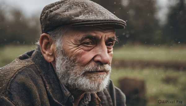 solo,1boy,hat,closed mouth,jacket,upper body,white hair,male focus,outdoors,blurry,uniform,military,military uniform,depth of field,blurry background,facial hair,portrait,beard,snowing,realistic,mustache,brown headwear,manly,old,old man,soldier,wrinkled skin,looking at viewer,grey hair,day,signature,lips,scar,scar on face,snow,close-up,brown jacket,nose