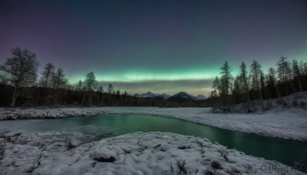 outdoors,sky,cloud,signature,water,tree,no humans,night,grass,star (sky),nature,night sky,scenery,snow,forest,starry sky,reflection,rock,mountain,winter,bare tree,river,landscape,lake,pine tree,aurora